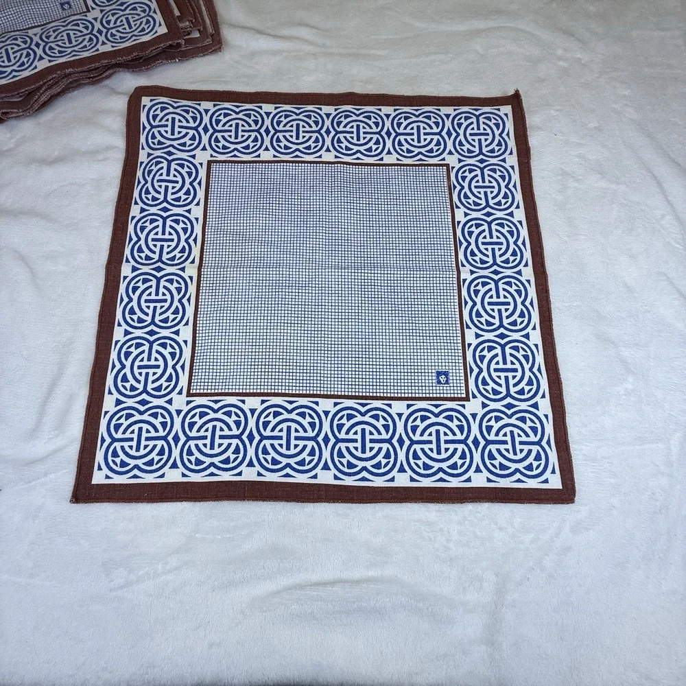 Vintage Anne Klein Cotton Scarf Handkerchief Lot Lion Logo Blue Brown Geometric